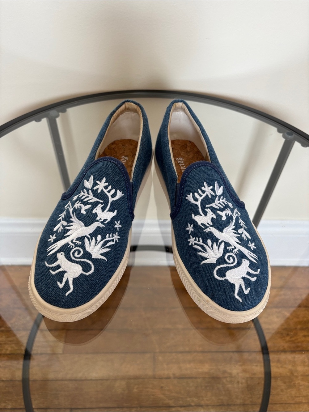 Saludos Denim Embroidered Slip-On Sneakers Floral Animal Cork Footbed Slide On